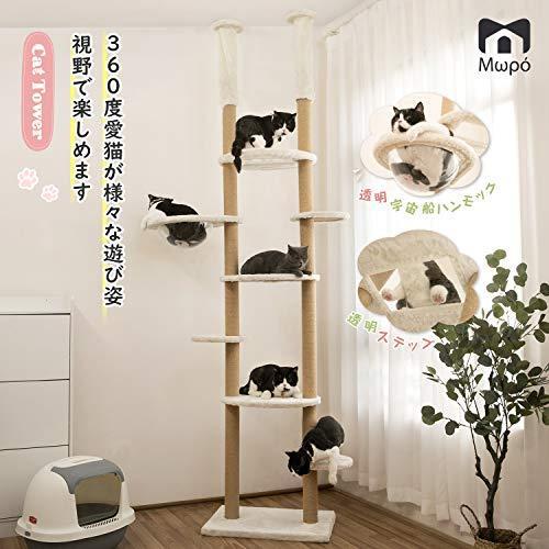 Mwpo 透明宇宙船 窓付きの透明ステップ 突っ張りタイプキャットタワー 透明ボール 透明ハンモック おうちで木? 