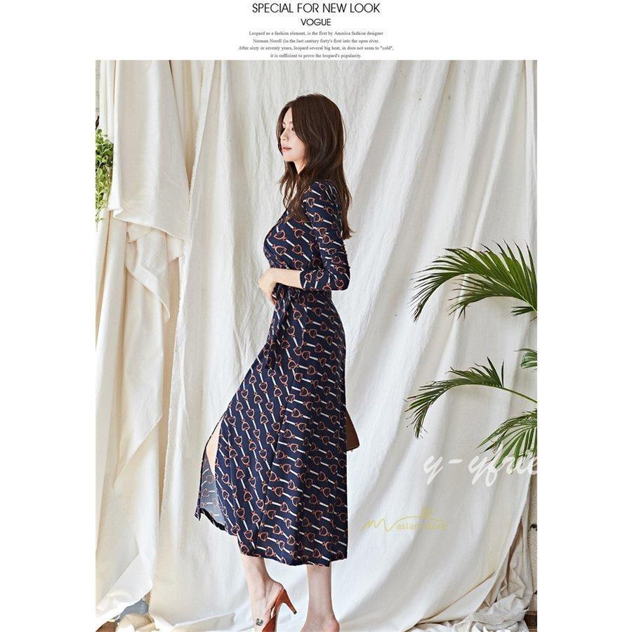 超特価sale開催 韓国ファッション オフィス 通勤 長袖 Vネック スリットワンピース レディース プリントワンピース リゾートワンピ お出かけ エレガント フェミニン ロング丈 ワンピース サイズ L Www We Job Com