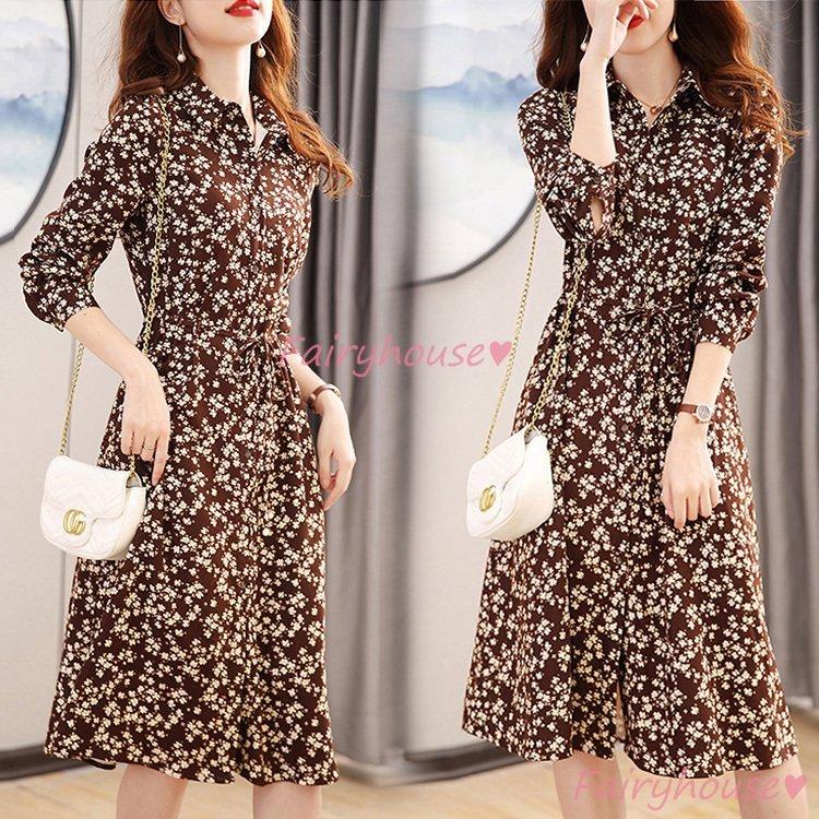 ワンピース レディース 40代 きれいめ シャツワンピース 秋服 長袖ワンピース 花柄シフォン Aラインスカートオシャレお出かけ 大人 体型カバー 30 代 50代 即納