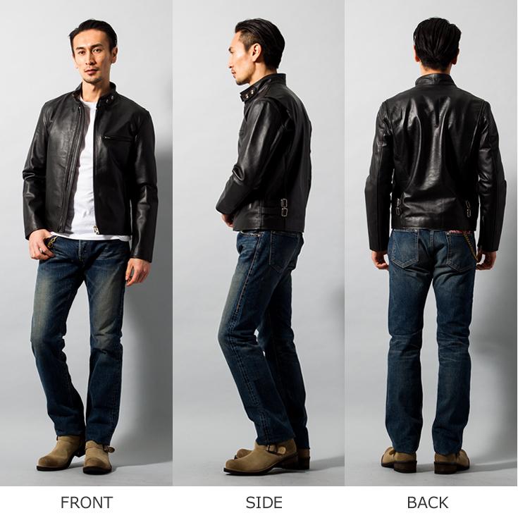 黒レザーシングルライダースジャケット 牛革 Horn Works 本革 シングルライダースジャケット メンズ ホーンワークス