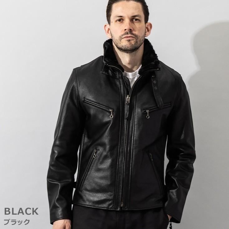 Liugoo Leathers 襟ボアハイネックシングルライダースジャケット Liugoo Leathers 本革 襟ボアハイネックシングルライダースジャケット