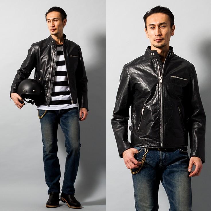 Horn Works 本革 メッシュレザー シングルライダースジャケット メンズ