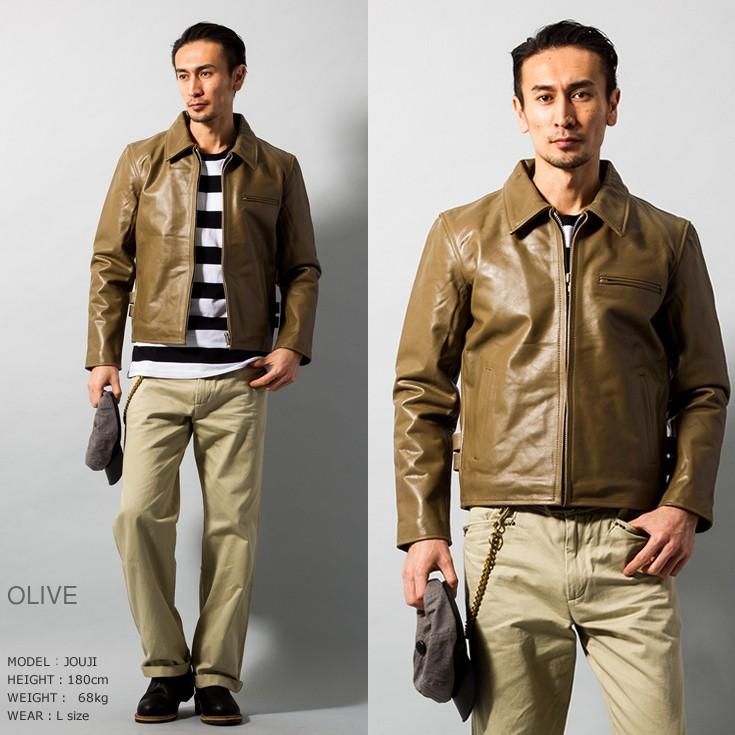 Horn Works 本革 襟付きシングルライダースジャケット メンズ