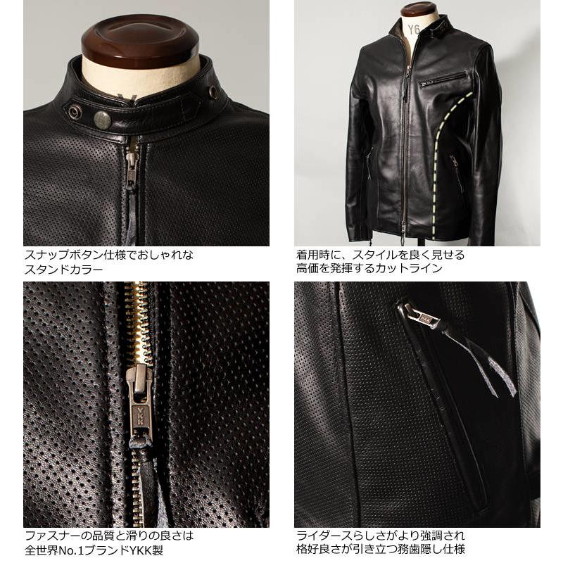 Liugoo Leathers 本革 メッシュレザー シングルライダースジャケット メンズ リューグーレザーズ SRS03B  シングルライダース ライダースジャケット 革ジャン 黒｜liugoo｜15