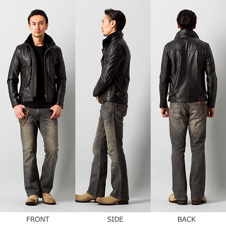 aZitator 本革 襟ボアハイネックシングルライダースジャケット メンズ