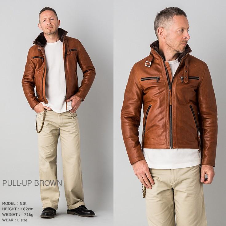 Liugoo Leathers 　ブラウンレザーライダースジャケット Liugoo Leathers 本革 ウィングネックシングルライダース
