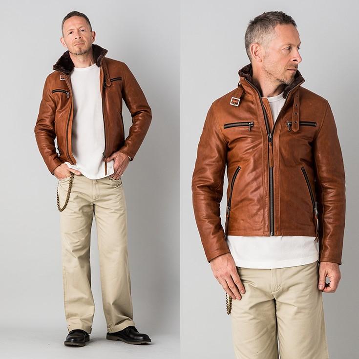Liugoo Leathers 本革 ウィングネックシングルライダースジャケット