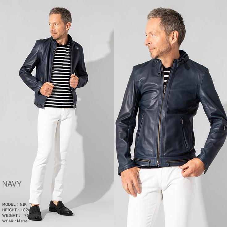 【美品】リューグーレザーズ　ネイビー　レザーシングルライダースジャケットL 美品】リューグーレザーズ ネイビー レザーシングルライダース