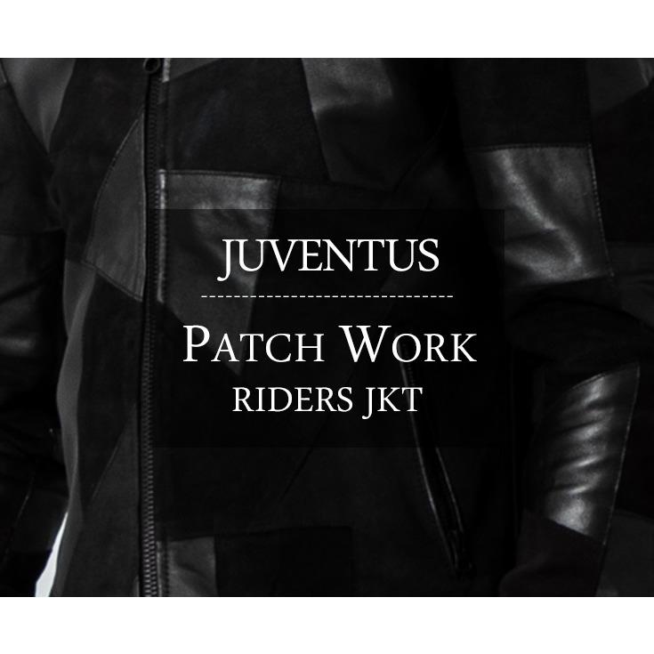 [美品]JUVENTUS　シングルレザージャケット　革パッチワーク　カモフラ　黒 JUVENTUS 本革 パッチワークライダースジャケット メンズ