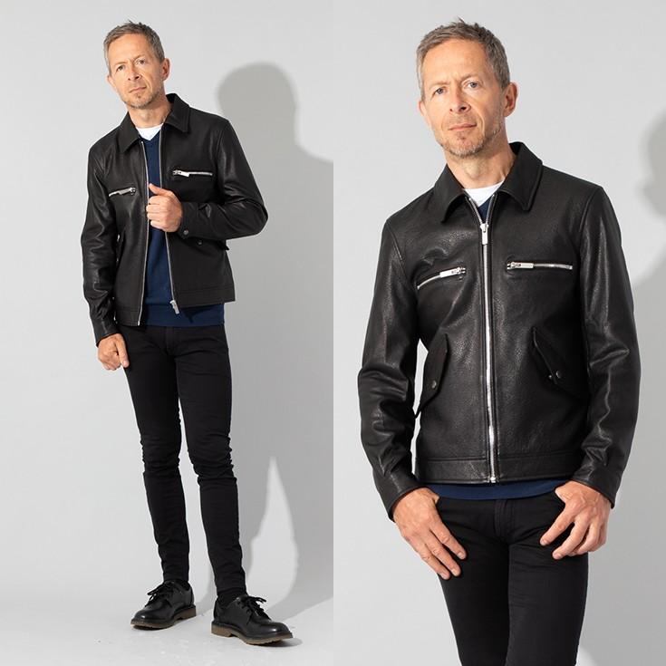 JEAN-LOUIS SCHERRER ブラックレザーシングルボタンジャケット JEAN-LOUIS SCHERRER 本革 シングルライダースジャケット メンズ