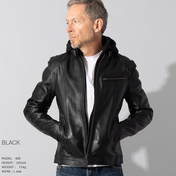 Liugoo Leathers 本革 フード付シングルライダース メンズ