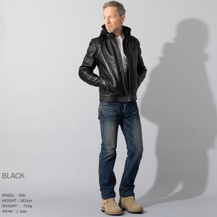 Liugoo Leathers 本革 フード付シングルライダース メンズ