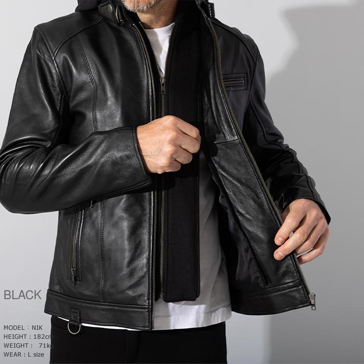 (美品) リューグーレザーズ シングル ライダース ジャケット ラムレザー Liugoo Leathers 本革 フード付シングルライダース メンズ