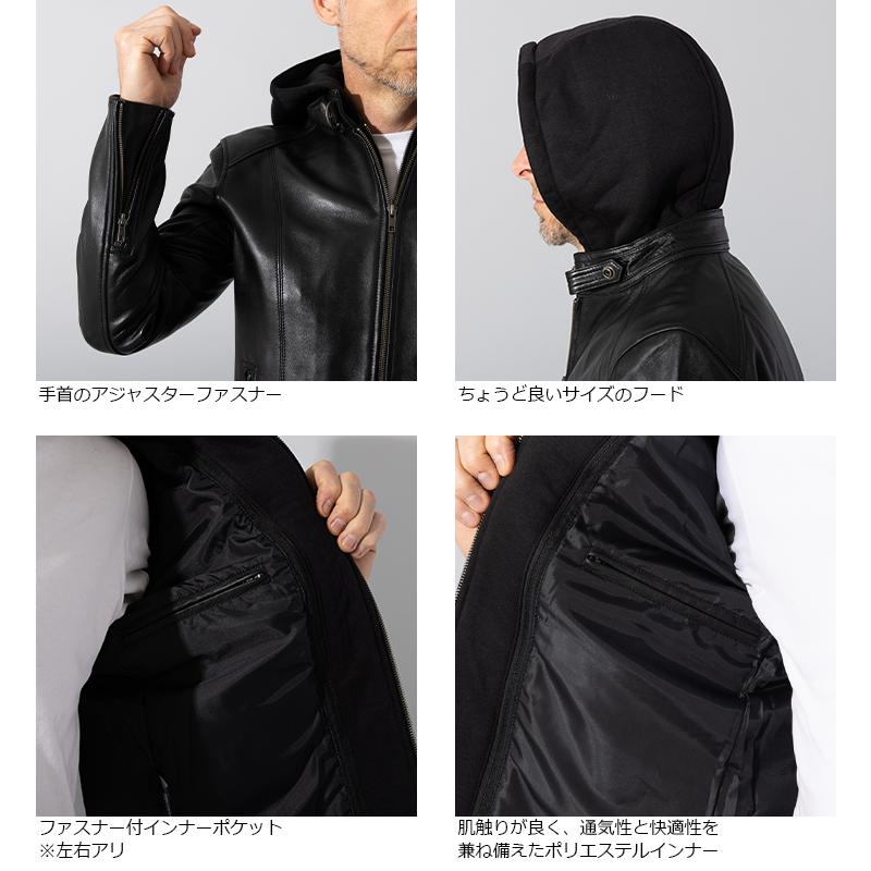Liugoo Leathers 本革 フード付シングルライダース メンズ