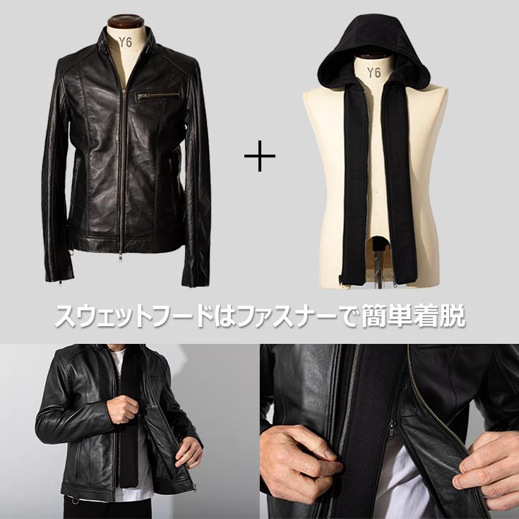 (美品) リューグーレザーズ シングル ライダース ジャケット ラムレザー Liugoo Leathers 本革 フード付シングルライダース メンズ