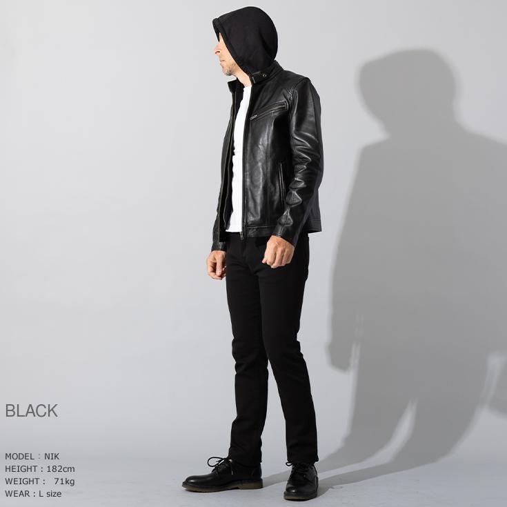 (美品) リューグーレザーズ シングル ライダース ジャケット ラムレザー Liugoo Leathers 本革 フード付シングルライダース メンズ