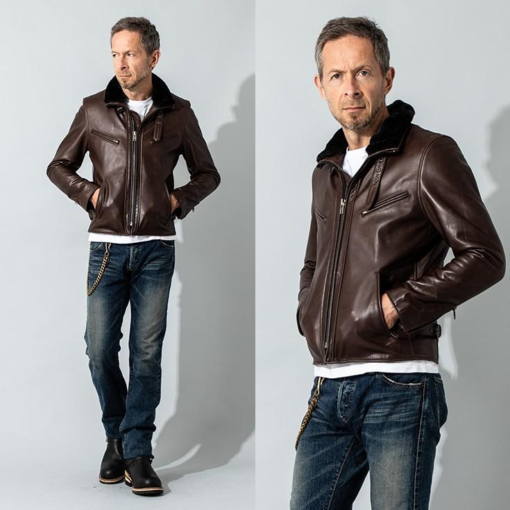 Liugoo Leathers 本革 襟ボアハイネックシングルライダースジャケット