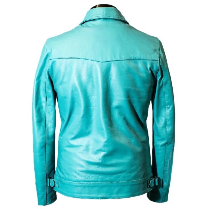 リューグー 革ジャン ライダース ターコイズカラー Liugoo Leathers 本革 UK襟付きシングルライダースジャケット