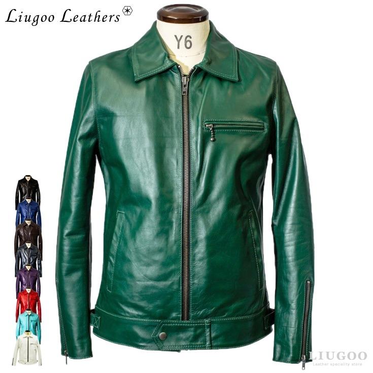 Liugoo Leathers 大人も着やすいシンプルファッション 本革 UK襟付きシングルライダースジャケット リューグーレザーズ メンズ 人気の春夏 SRY02A
