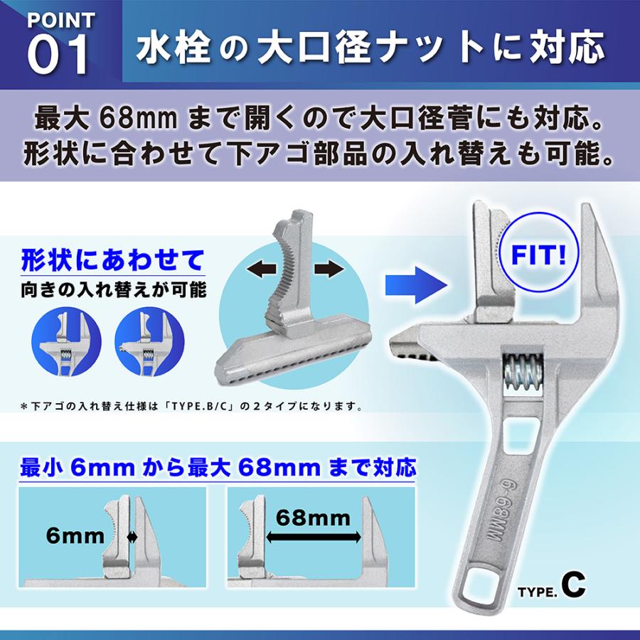 モンキーレンチ ワイド ワイドレンチ サイズ 水栓 交換 配管 蛇口 大口径管 モンキースパナ 薄型 軽量 3種｜livecare｜05