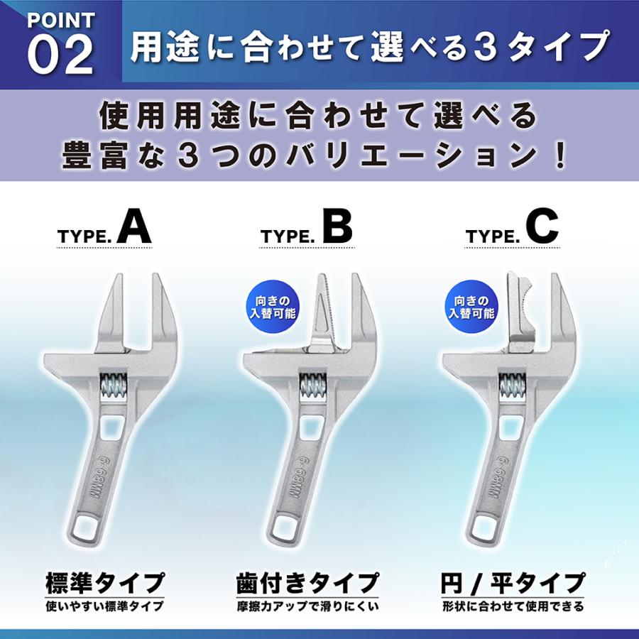 モンキーレンチ ワイド ワイドレンチ サイズ 水栓 交換 配管 蛇口 大口径管 モンキースパナ 薄型 軽量 3種｜livecare｜06