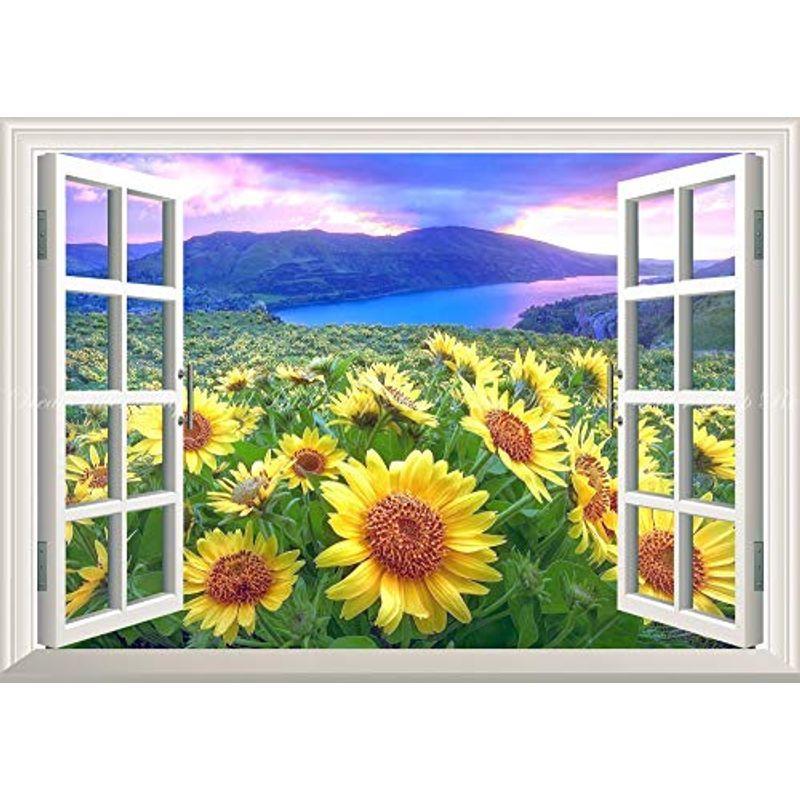 当店限定販売 絵画風 壁紙ポスター キャラクロ 窓仕様トリックアート ひまわり畑と大河と夕焼け雲の鮮やかなコントラスト 窓の景色 はがせるシール式 壁紙 Pathwaysfl Org