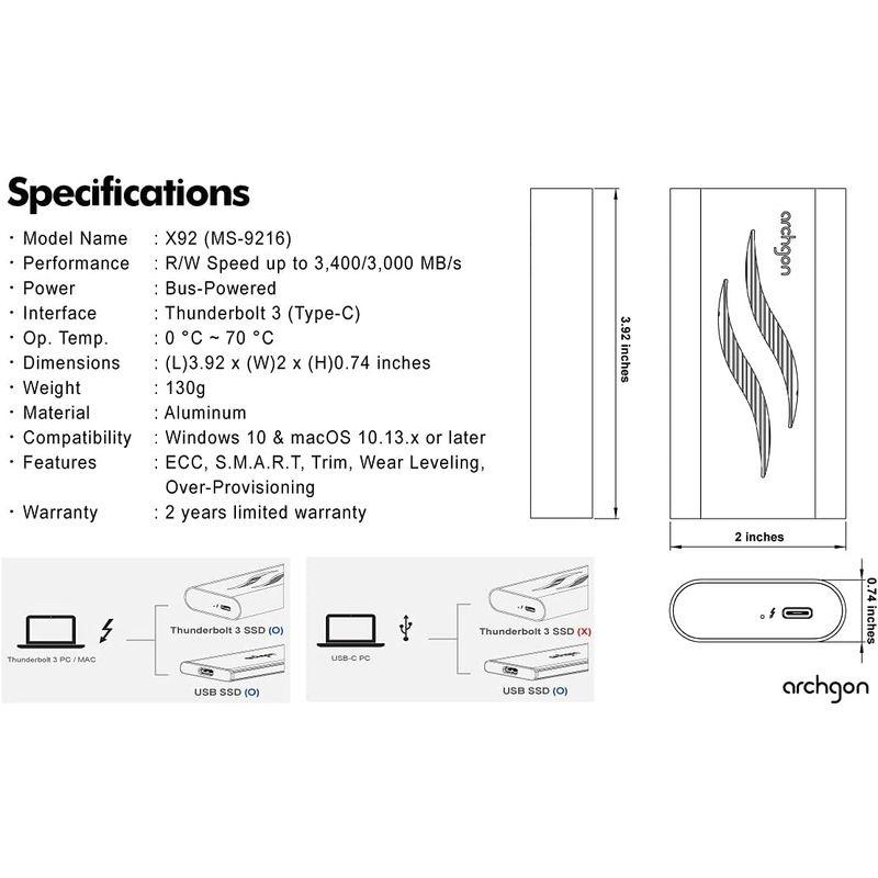 Archgon Thunderbolt 1TB 外付け M.2 NVMe PCIe Gen3×4 SSD アルミニウム筐体 ポータブル 外付けハードディスク、ドライブ Archgon Thunderbolt 1TB 外付け M.2 NVMe PCIe Gen3×4 SSD アルミニウム筐体 ポータブル