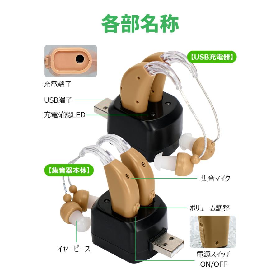 集音器 充電式「USB充電アダプタ付」耳かけタイプ 両耳/片耳 2個セット 4段階音量調整 イヤーピース6種類付属 補聴器タイプ 超軽量 USB AC セット｜livelylife｜17