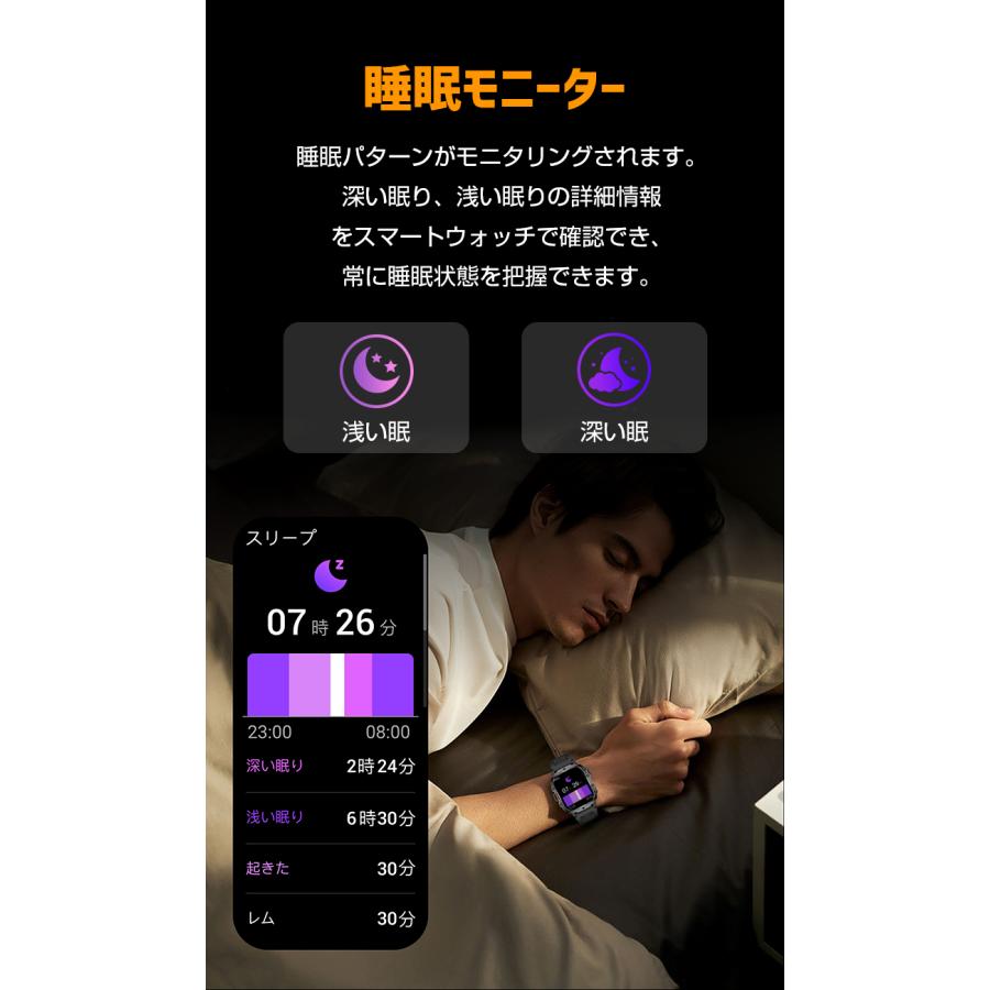 【軍用規格】スマートウォッチ メンズ 1.96インチ 腕時計 血中酸素 心拍数 通話機能 アウトドア Bluetooth5.2 スマートブレスレット 耐寒耐熱 IP68防水 着信通知｜livelylife｜08