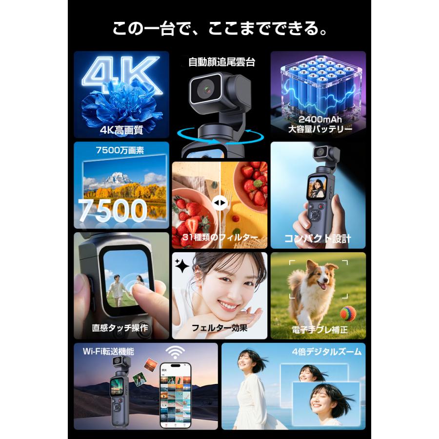 クーポンで最安12800円 アクションカメラ 4K Vlogカメラ 7500万画素