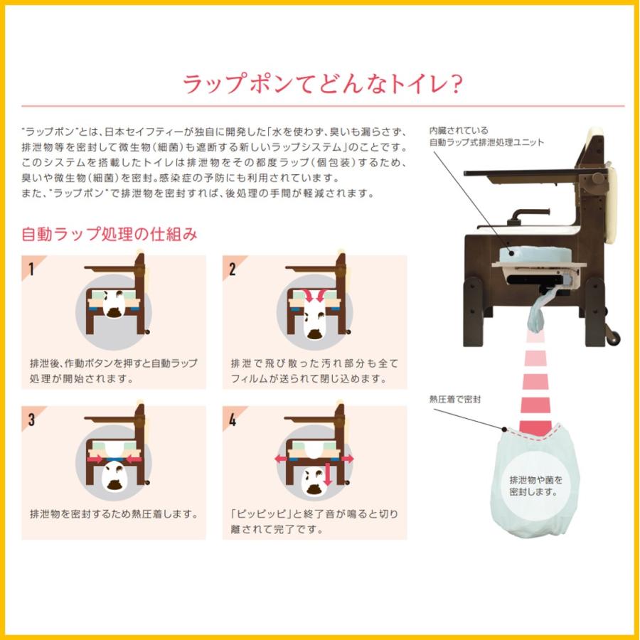 ポータブルトイレ 介護用自動ラップ式 ラップポン・ブリオ（S） 暖房便座タイプ 自動 バケツ不要 家具調 トイレ  日本セイフティー｜livemall｜03