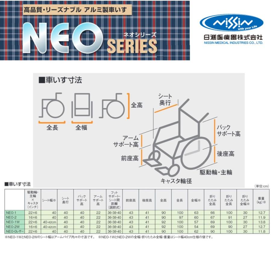 日進医療器 車椅子 軽量 介助式 NEO-2 ノーパンク 標準タイプ 座幅40cm