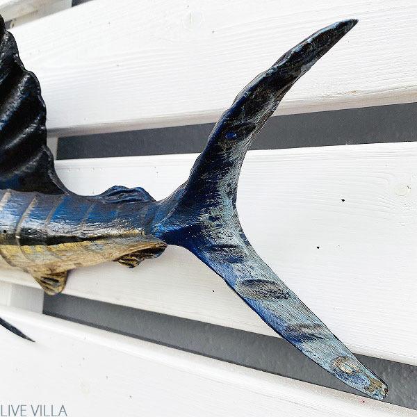 ま*う様 珍品 天然木 木彫 古いカジキの 看板 OCEANS SEA FOOD ま*う様