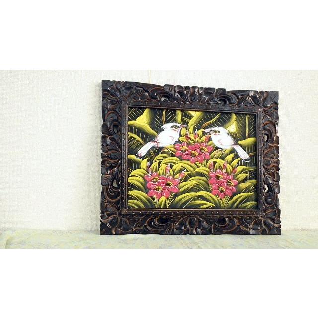 バリ絵画 鳥 花 鳥の楽園 ブンゴセカンスタイル 緑 白 赤 ピンク