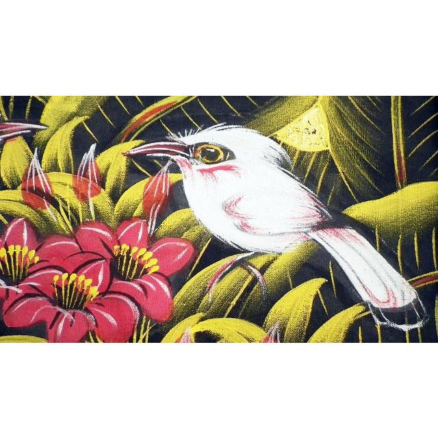 バリ絵画 鳥 花 鳥の楽園 ブンゴセカンスタイル 緑 白 赤 ピンク
