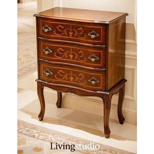 【謝恩セール特価】イタリア製 輸入家具 チェスト 象嵌 ネコ脚 3段 W58cm タロッコ Tarocco 035BL クラシック アンティーク風 送料無料 直輸入 リビングスタジオの画像