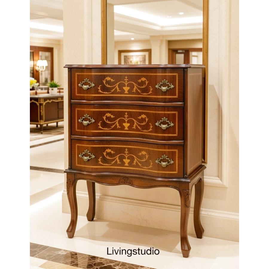 【謝恩セール特価】イタリア製 輸入家具 チェスト 象嵌 ネコ脚 3段 W58cm タロッコ Tarocco 035BL クラシック アンティーク風 送料無料 直輸入 リビングスタジオの画像