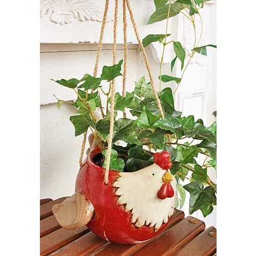 輸入雑貨 ハンギングポット 陶器 ニワトリ 赤 フラワーポット