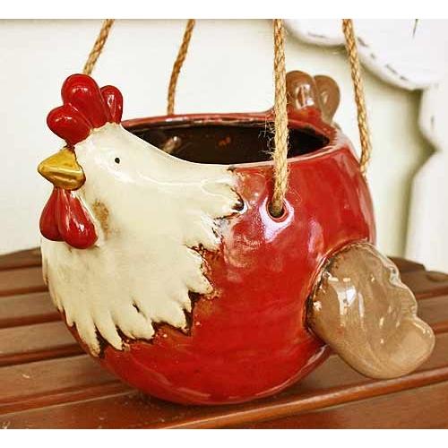 輸入雑貨 ハンギングポット 陶器 ニワトリ 赤 フラワーポット