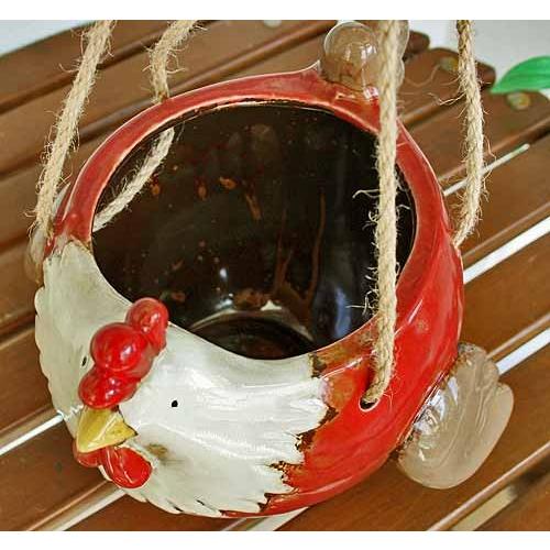 輸入雑貨 ハンギングポット 陶器 ニワトリ 赤 フラワーポット