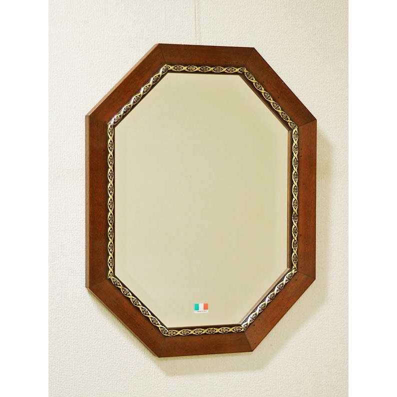 イタリア製 輸入雑貨 ミラー 八角 ブラウン 38X48 古木風 木目