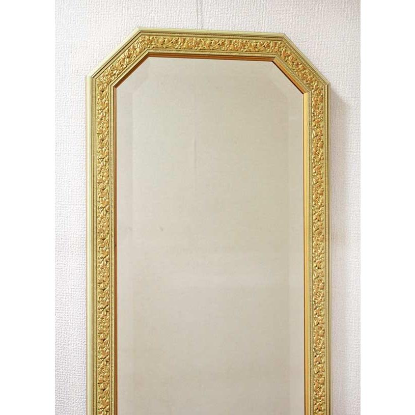 イタリア製金色装飾八角鏡 イタリア製 輸入雑貨 ミラー 姿見 八角 アイボリー ゴールド 38X138