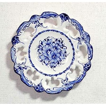 ポルトガル製 輸入雑貨 絵皿 壁飾り 陶器 花柄 ホワイト ブルー 透かし