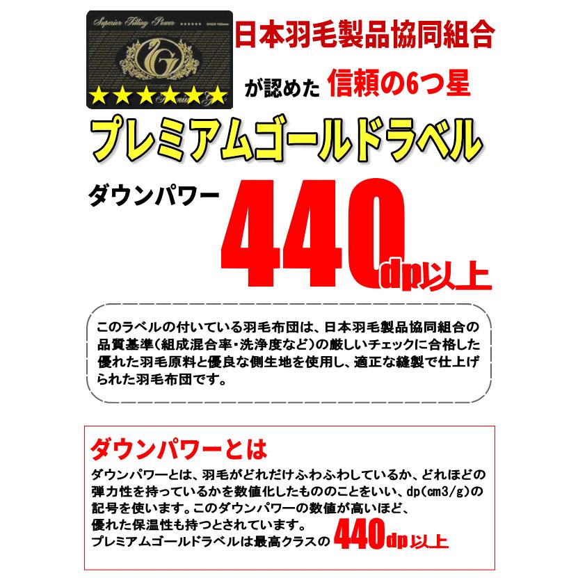 羽毛布団セット セミダブル 布団セット 日本製 プレミアムゴールド 二層キルト ハンガリー産ホワイトマザーダウン 95% ダウンパワー440dp以上 大増量の画像
