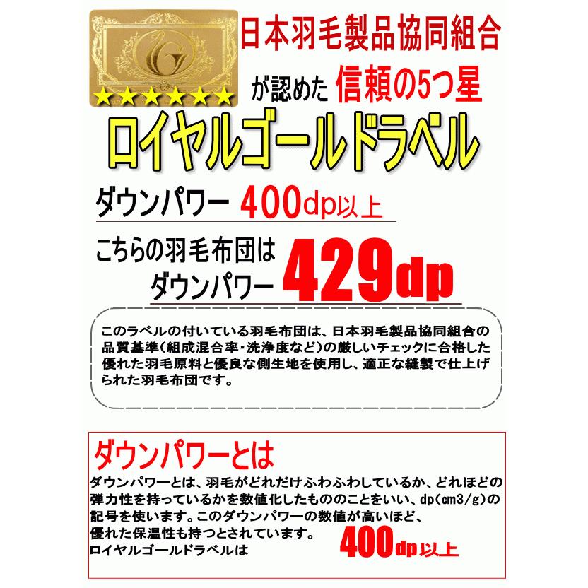 羽毛布団セット セミダブル ポーランド産ホワイトマザーグース ロイヤルゴールド 二層キルト ツインキルト 429dp 日本製 羽毛布団 敷布団 枕の画像