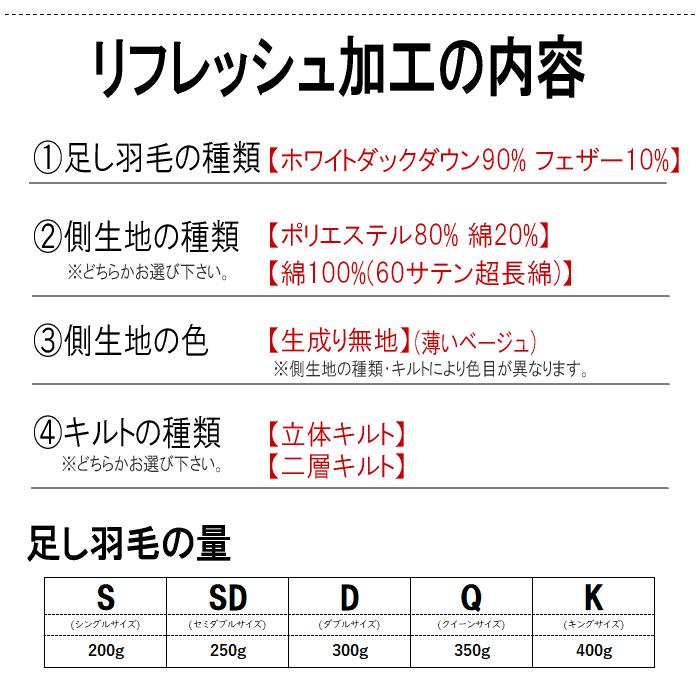 羽毛布団 リフレッシュ 加工 シングル 打ち直し 足し羽毛 布団リフォーム 羽毛ふとんリフォーム プレミアムダウンウォッシュ仕上げ 軽量生地_6