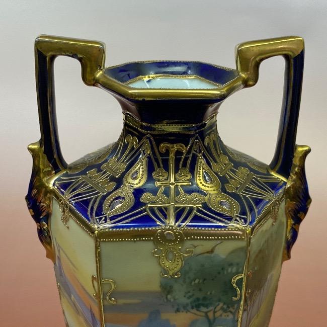 オールドノリタケ コバルト金彩 ジュエル装飾 風景図 飾り壷 花瓶 