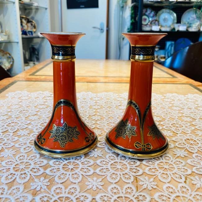 ノリタケ オールドノリタケ アールデコ様式 朱地薔薇籠紋 燭台ペア