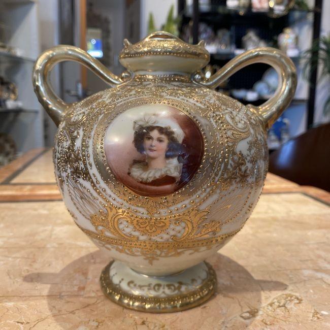 オールドノリタケ ポートレート金盛上薔薇紋双耳花瓶 ルブラン婦人の肖像画 1107 リビングt S