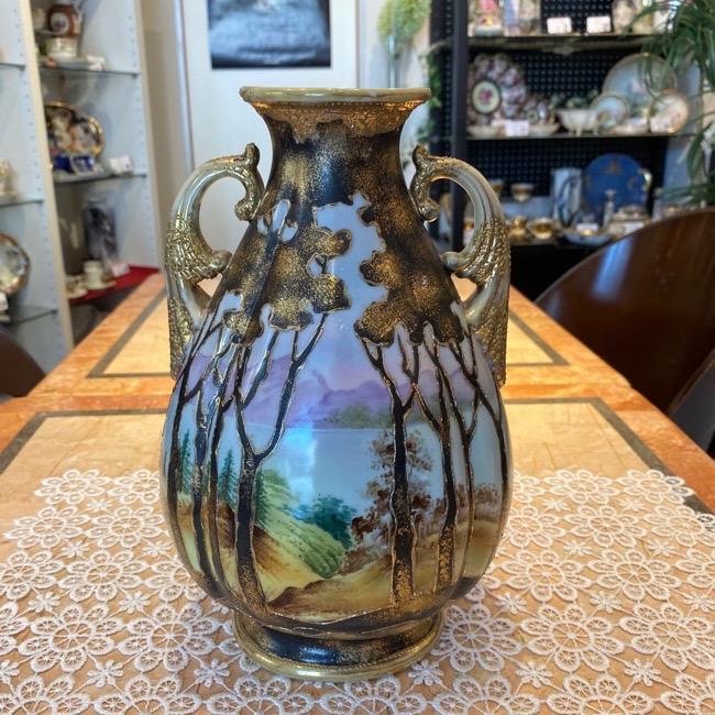 国産 オールドノリタケ 金彩手彩色 両耳付花瓶 湖畔風景文 金点盛 コーヒー ティーカップ Lncci La